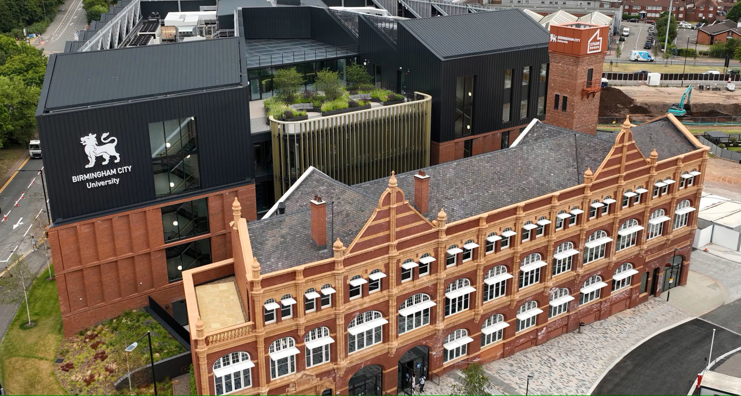 Aerial view of Birmingham City University's STEAMhouse campus building