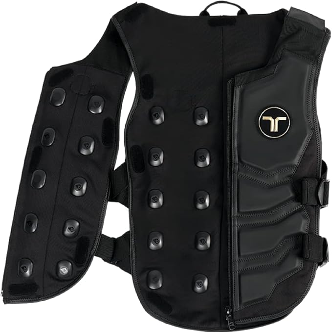 A high-tech haptic vest with multiple vibration motors embedded on both the chest and back